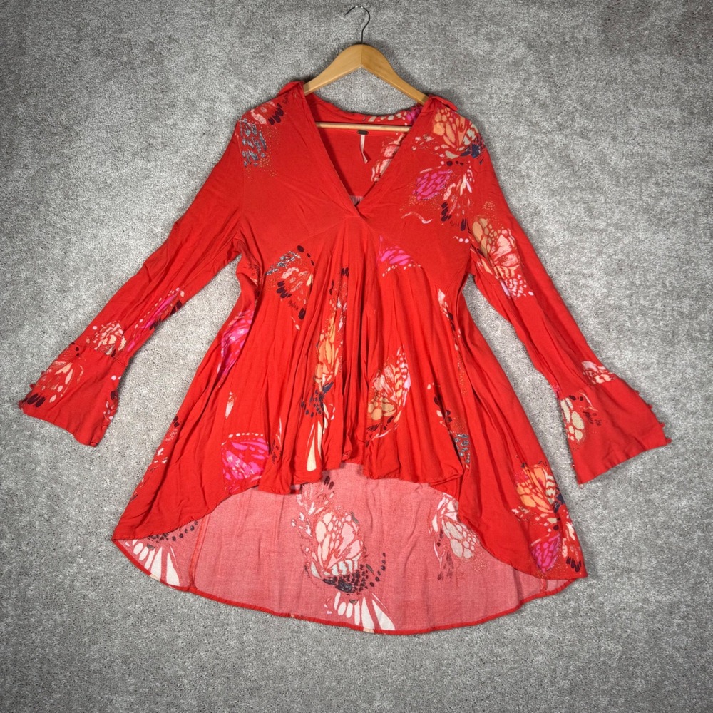 Free People Red Butterfly Print High Low Tunic Top Bell Sleeve Women's‎ Small